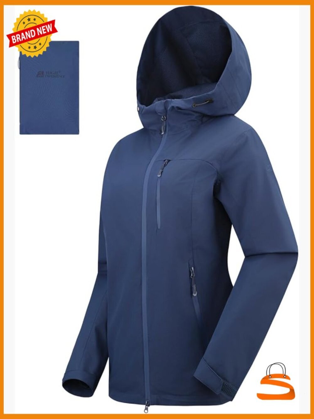 Women's Packable Waterproof Rain Jacket with Hood, Two-Way Zip, Reflective